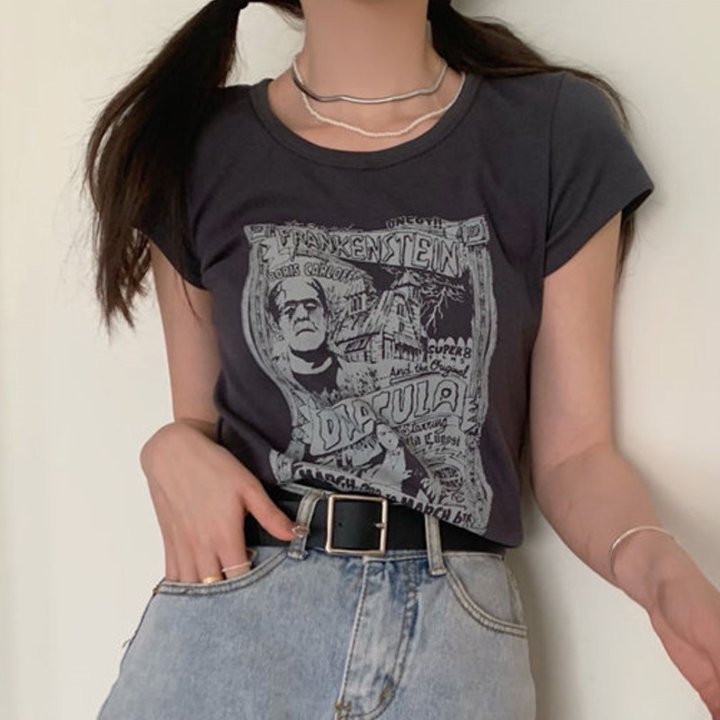 Áo Thun Tay Ngắn In Hình Phong Cách Retro Hàn Quốc Cho Nữ