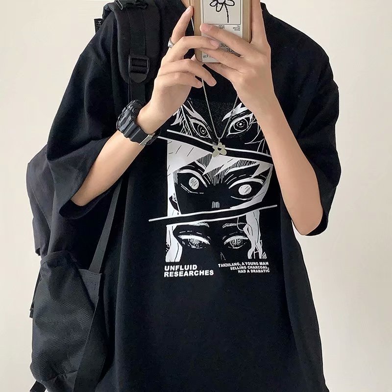 Áo thun tay ngắn dáng rộng in họa tiết hoạt hình phong cách Nhật Bản thời trang cho nam size M-5XL