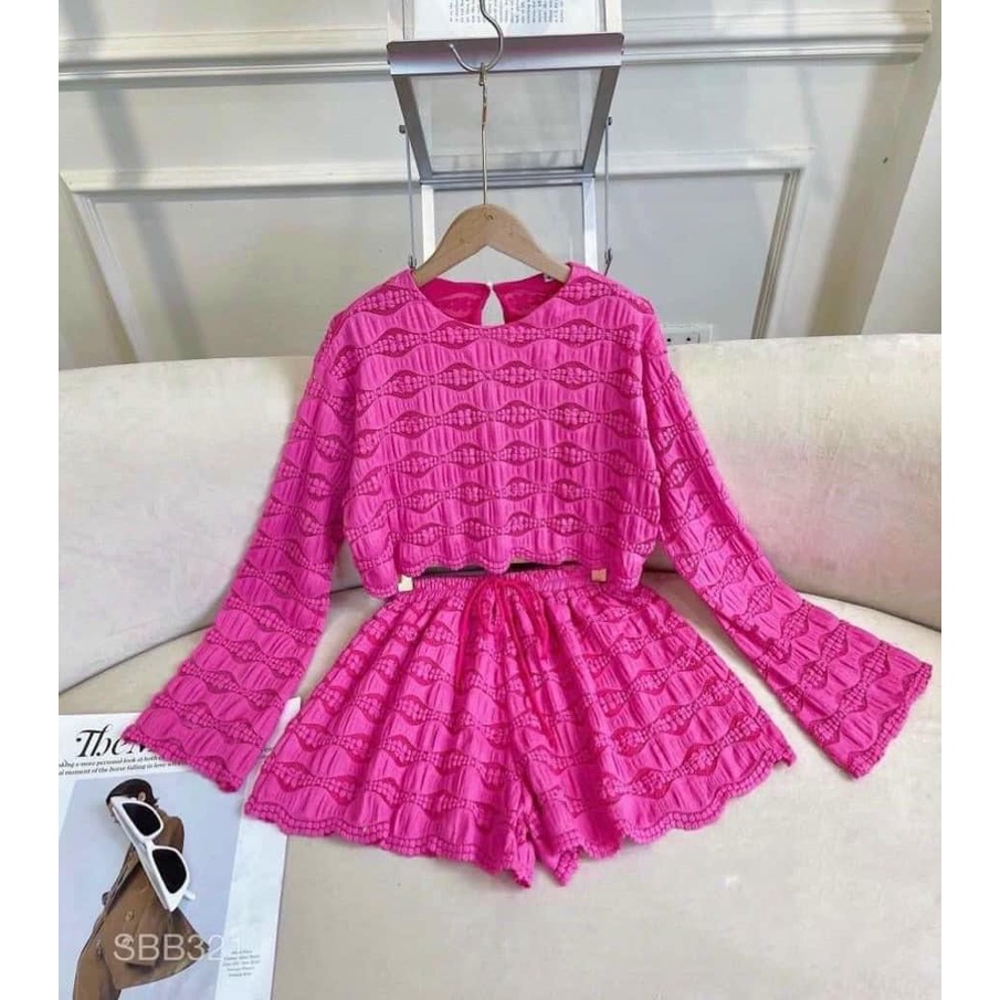 Bộ xốp ren cho nữ mặc nhà, mặc đi chơi, áo crotop, tay dài, quần short siêu dễ thương