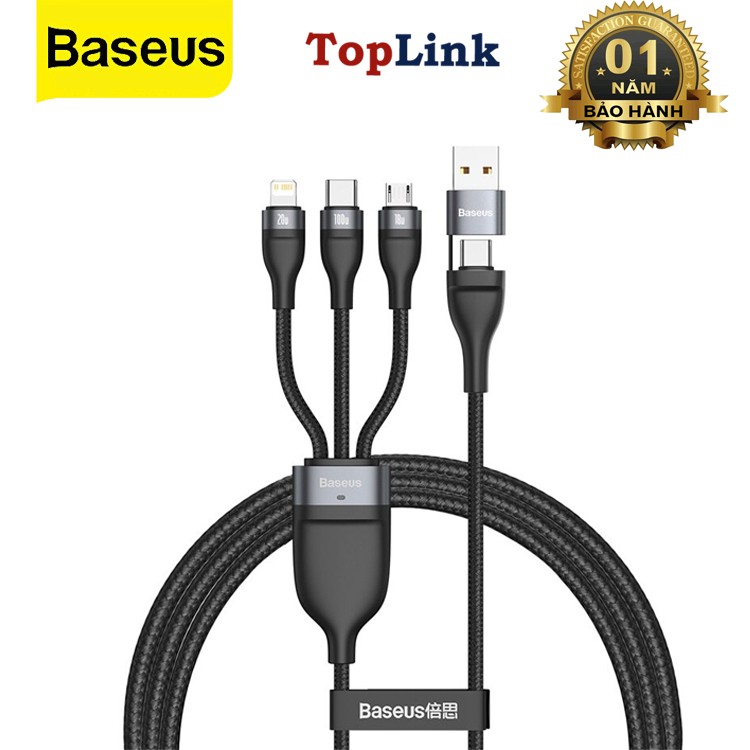 Dây Cáp Sạc Nhanh Baseus Cổng USB Type C 3 Trong 1 Hỗ Trợ 5A 100W Cho Iphone Xiaomi Dài 1.2M - TopLink