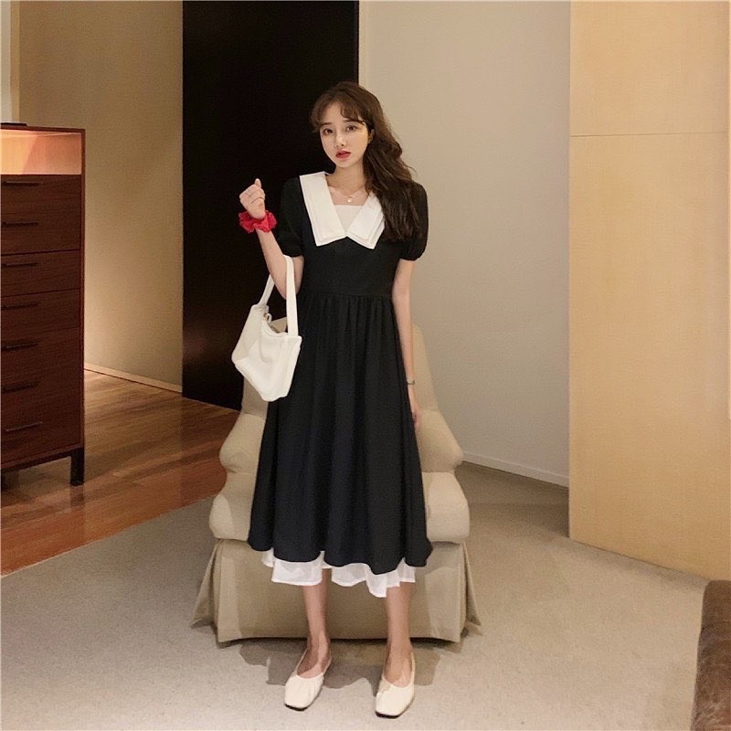 ✨ VÁY MAXI ĐEN CỔ PHỐI TRẮNG PHỐI ĐUÔI CÁ VOAN ✨
