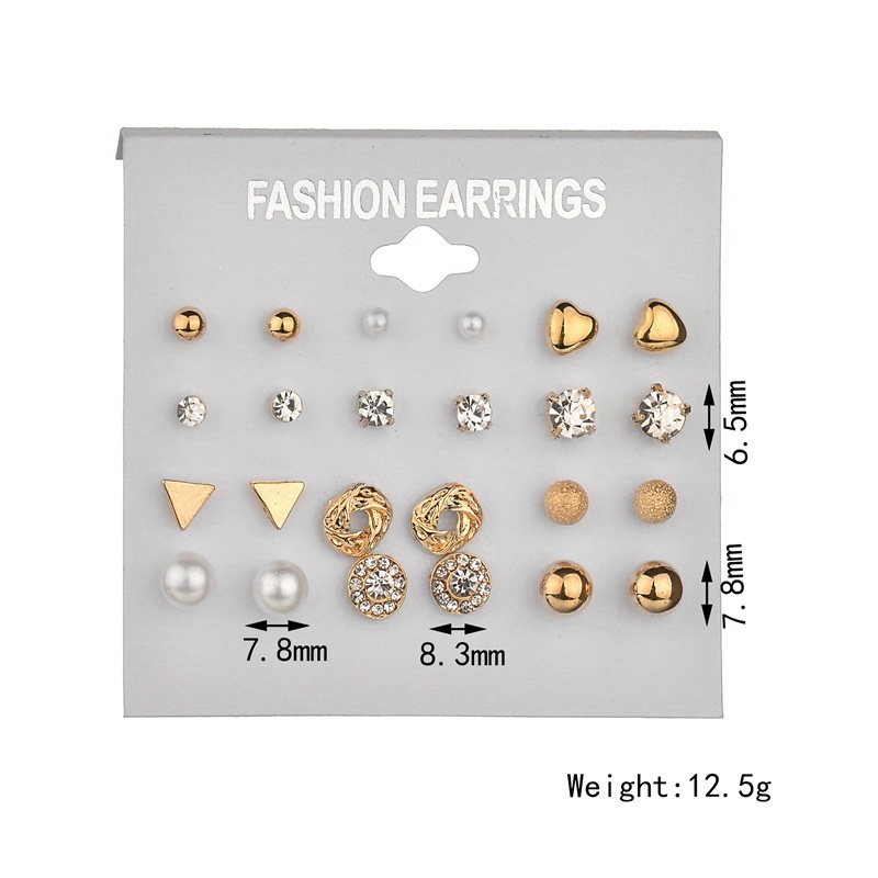 Set 12 Đôi Bông Tai Đính Đá Zircon Giả Kim Cương Hình Vuông / Trái Tim