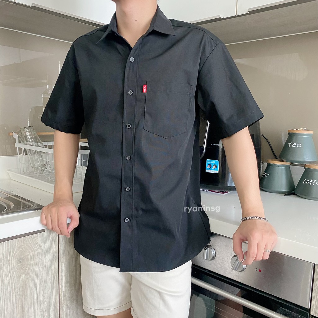 Áo sơ mi nam ngắn tay trơn cổ sơ mi basic đen, trắng navy RYAN form rộng Hàn Quốc chất sơ mi cotton cao cấp - Benn shirt