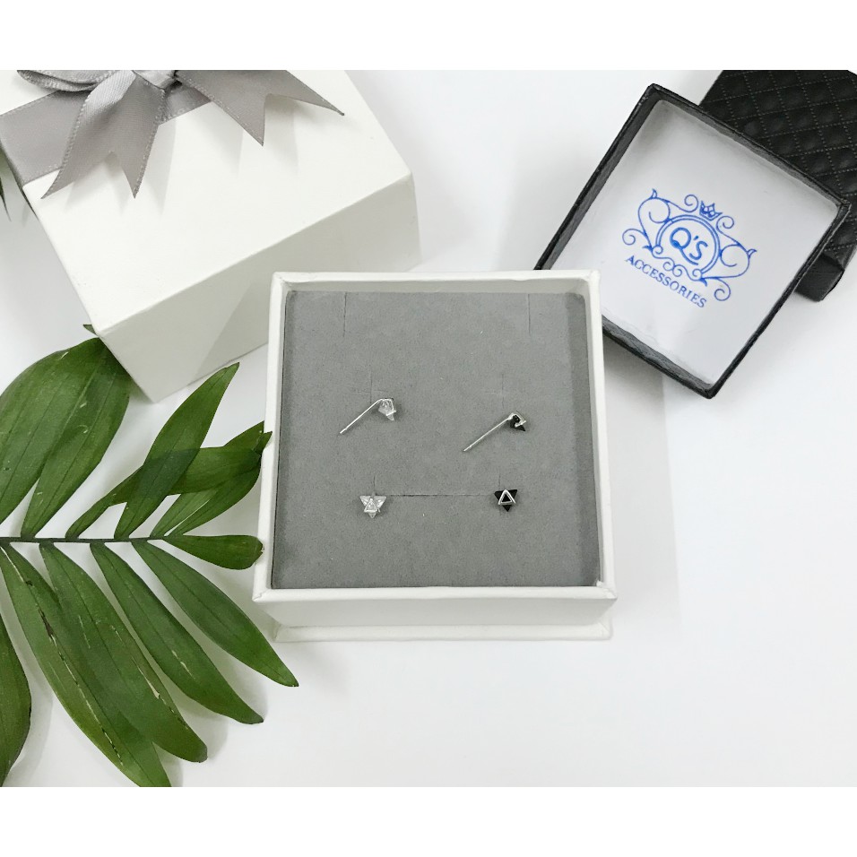 Bông tai bạc 925 tam giác đôi khuyên nam nữ hình học mặt đá đen trắng S925 TRIANGLE Silver Earrings QA SILVER EA200607
