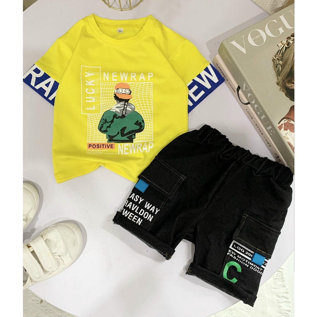 Set đồ bộ bé trai Áo thun ngắn tay cotton 100% co giản 4 chiều Quần short thun cotton giả jean co giản cho bé từ 8-37kg