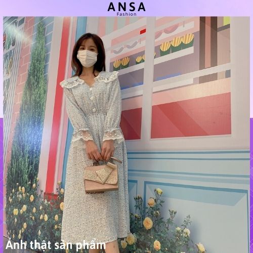 Váy hoa nhí vintage dáng dài phối ren cổ áo và tay áo