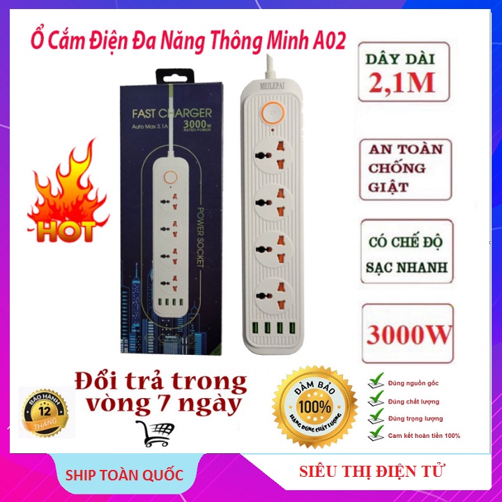 Ổ Điện Lõi Đồng Cao Cấp A02, Chịu Tải 3000W - Auto Max 3.1A - 4 Cổng USB Sạc Điện Thoại - An Toàn Chống Giật