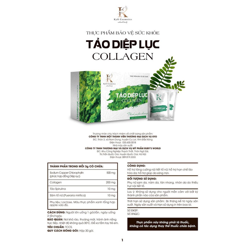 Tảo Diệp Lục 💞{Kyo}💞 Tảo Diệp Lục Collagen hộp 30 gói chính hãng | Thế Giới Skin Care
