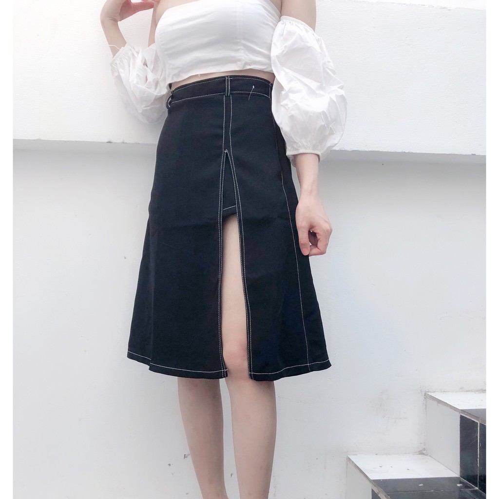 Chân váy xẻ tà trước bigsize midi chữ a ulzzang hàn quốc màu đen AnduShop