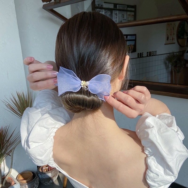Dây Buộc Tóc Hình Nơ Ren Đính Ngọc Trai Phong Cách Hàn Quốc