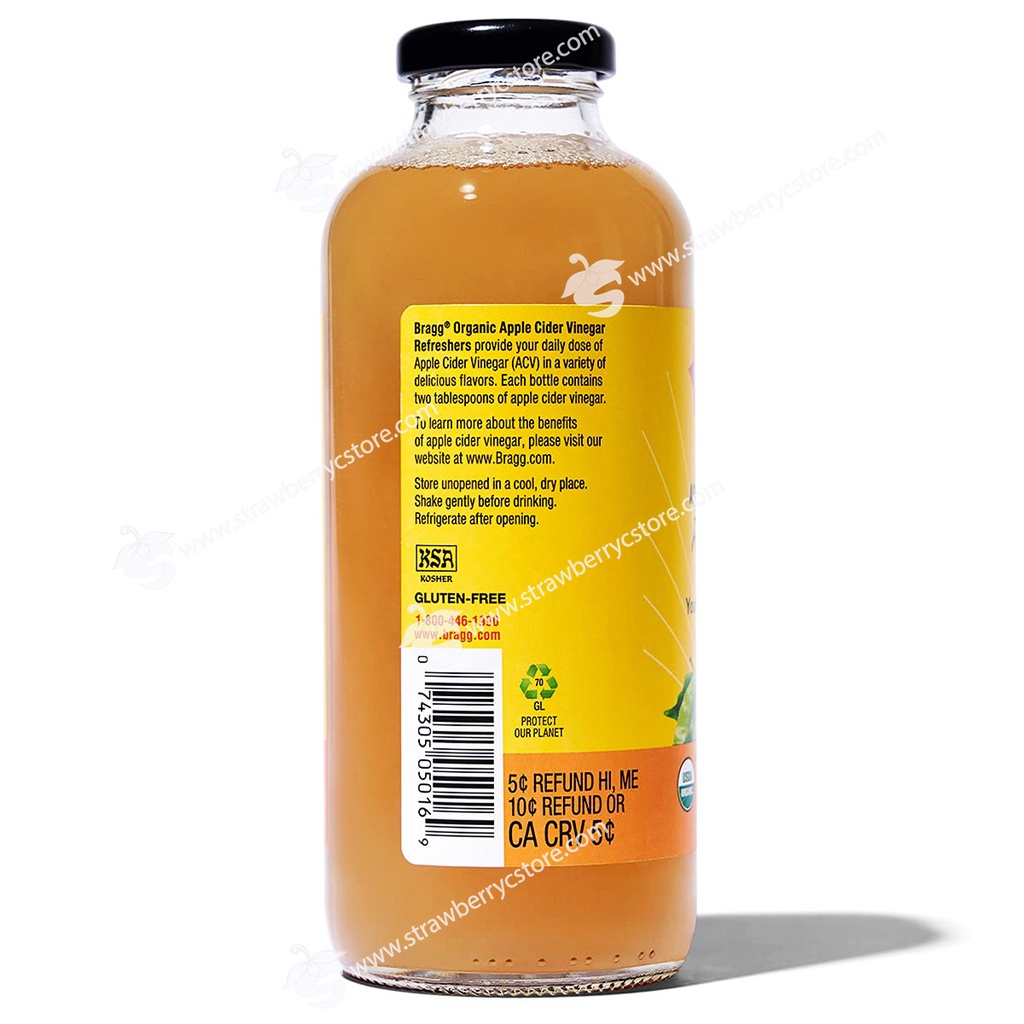 Giấm Táo Mật Ong & Trà Xanh Uống Liền Hữu Cơ Bragg Organic Apple Cider Vinegar Beverage, Honey & Green Tea, Chai 473 mL