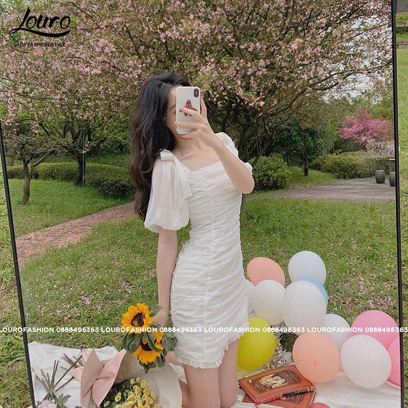 Đầm body trắng cổ vuông tay phồng, mẫu đầm nhún eo che khuyết điểm hiệu quả, tôn dáng tôn da -L065 | BigBuy360 - bigbuy360.vn