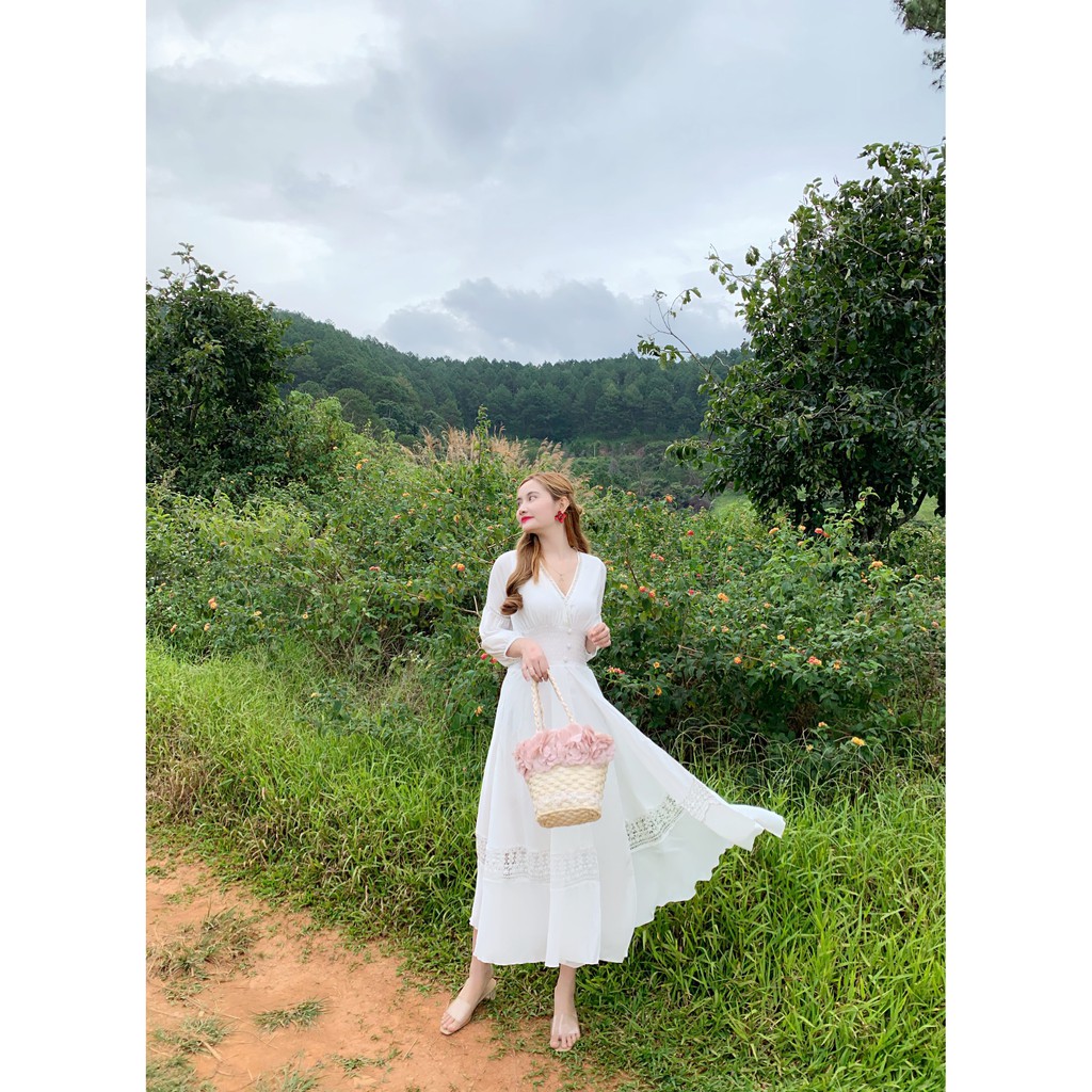 Đầm maxi trắng tay con nhún thun eo co giãn dễ thương - Hình thật Sp 100%