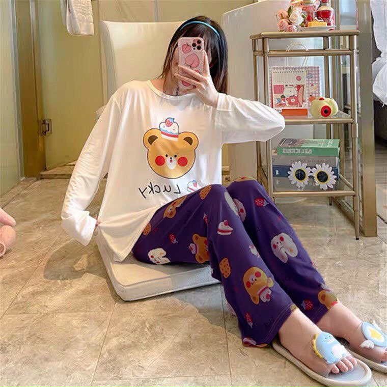 Set bộ đồ dành cho nữ, in hình gấu dễ thương, áo dài tay quần dài chất thun cotton mềm mại mát mẻ