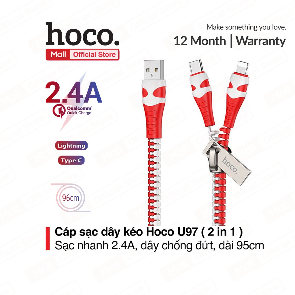 Cáp sạc dây kéo Hoco U97 2in1 ( I.p + Type-C ) sạc nhanh 2.4A, chất liệu dây chống đứt, gãy gập, dài 96cm