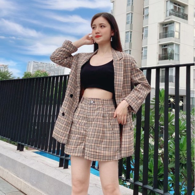 💥[ HOT TREND ]  Set Áo Blazer Sọc Caro Kẻ  Áo Vest VNXK Cao Cấp + Quần Shorts Ống Rộng Freeship - Hình & Video Tự Chụp