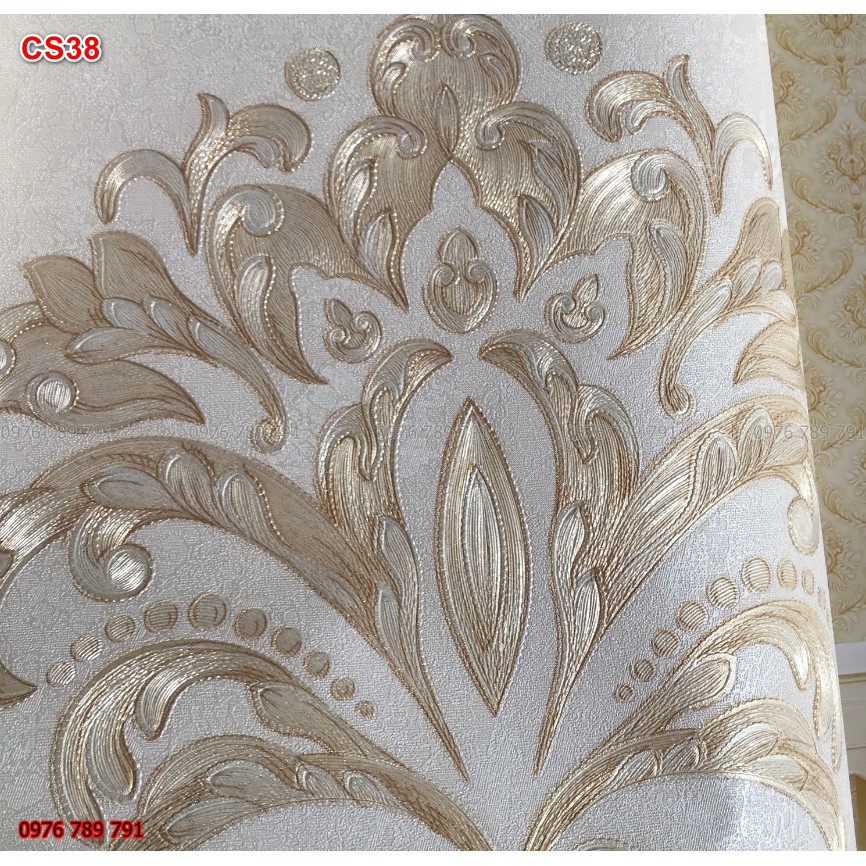 Giấy Dán Tường Hàn Quốc Hoa Văn Châu Âu 3D To , Phòng Khách, Lụa Không Keo, Khổ 1.06m Màu Vàng,  Màu Trắng Kem