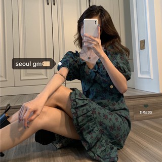 (ORDER) Váy hoa xanh tối màu retro cổ V phối bèo xòe đuôi cá kiểu Pháp