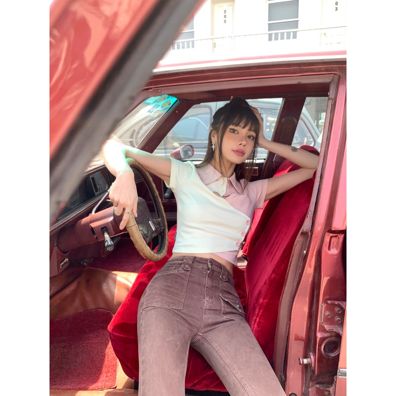 Áo thun polo ZHELIHANGFEI ngắn tay lưng cao thiết kế bất đối xứng phong cách quyến rũ