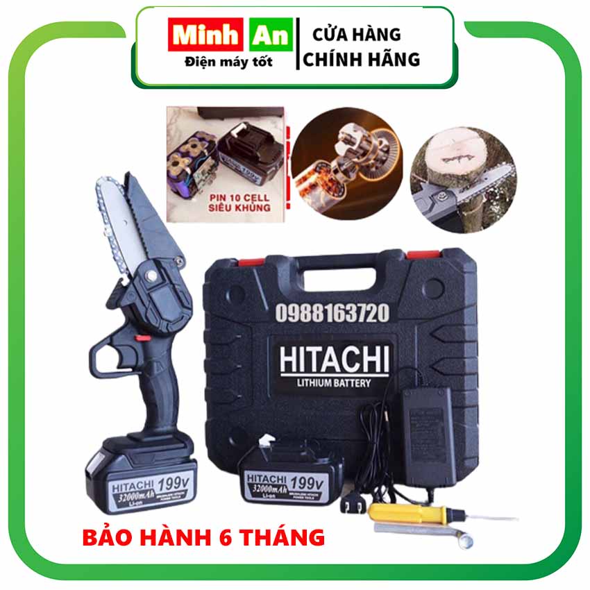 Máy cưa cầm tay, máy cưa xích mini dùng pin 199V HITACHI 2021 máy 2 pin máy cắt gỗ cưa gỗ cực khỏe bảo hành 12 tháng