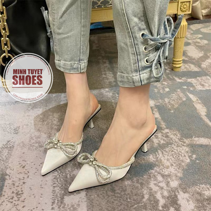Giày nữ minhtuyetshoes gót cao 9cm mũi nhọn đính đá xoàn mẫu mới bền đẹp mang đi tiệc