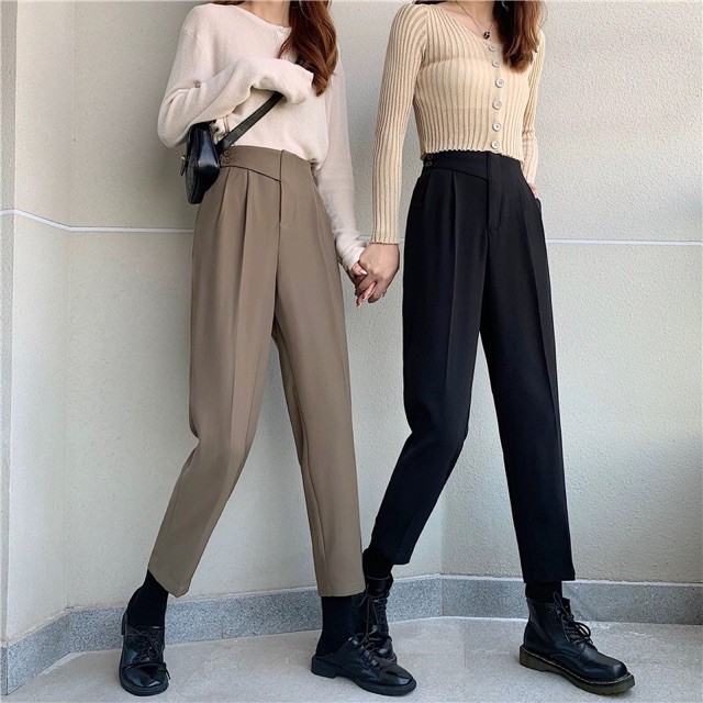 Quần Baggy nữ cạp cao phối vạt chéo 2 cúc màu đen vải mưa mềm đẹp mặc đi học chơi làm công sở đều xinh