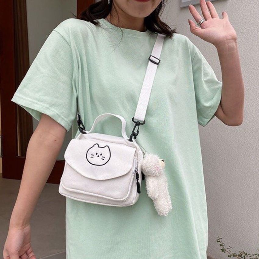 Túi đeo chéo mini vải canvas thêu hình dễ thương phong cách Nhật Bản ZIMI
