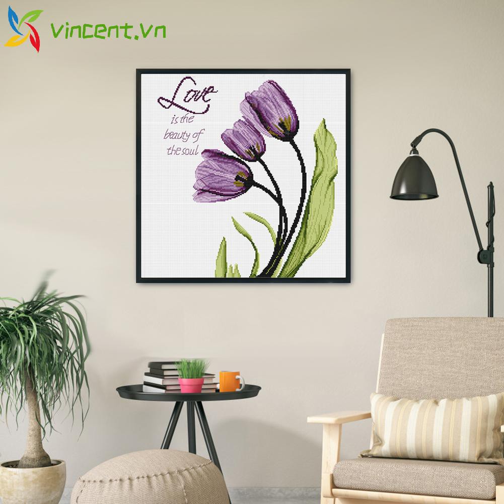 Tranh Thêu Chữ Thập Tự Làm 49x49cm Hình Hoa Tulip 11ct