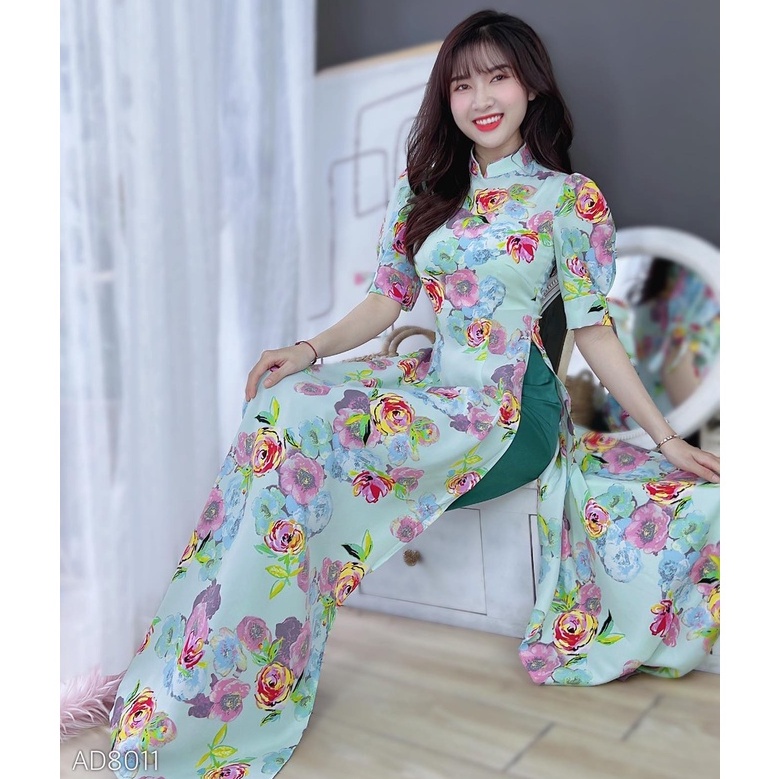 Áo dài nữ cách tân họa tiết hoa tay nơ không kèm quần CHUU AD8011