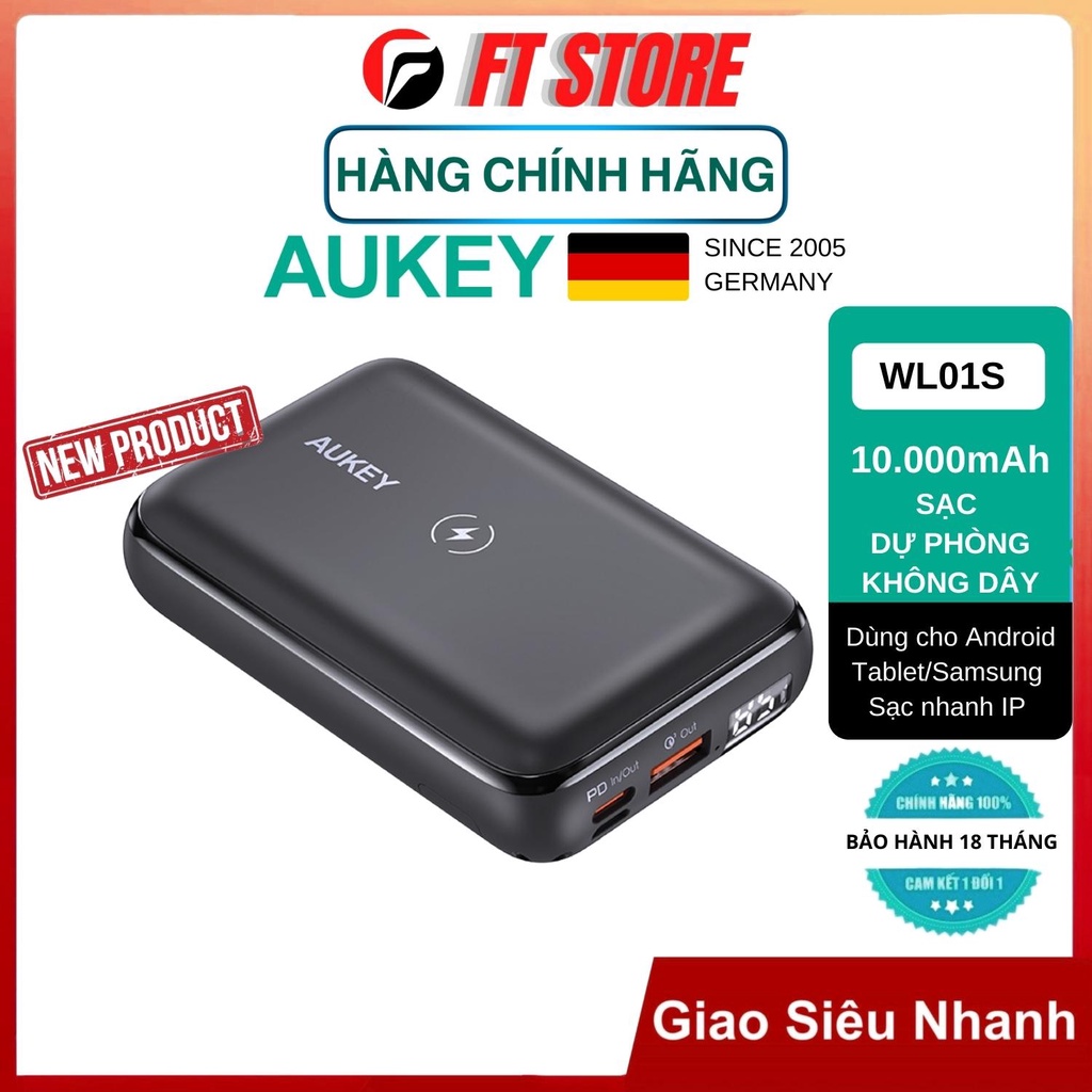 Pin Sạc Dự Phòng Không Dây AUKEY PB-WL01S Basix Pro Mini 10000mAh Wireless, hỗ trợ PD 20W,QC 3.0 BH18T