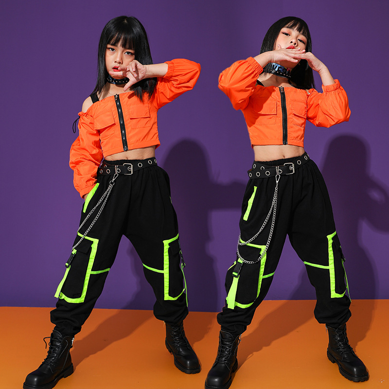 Bộ Áo Croptop Trễ Vai Phối Quần Dài Phong Cách Hip Hop Thời Trang Cho Bé 4-14 Tuổi