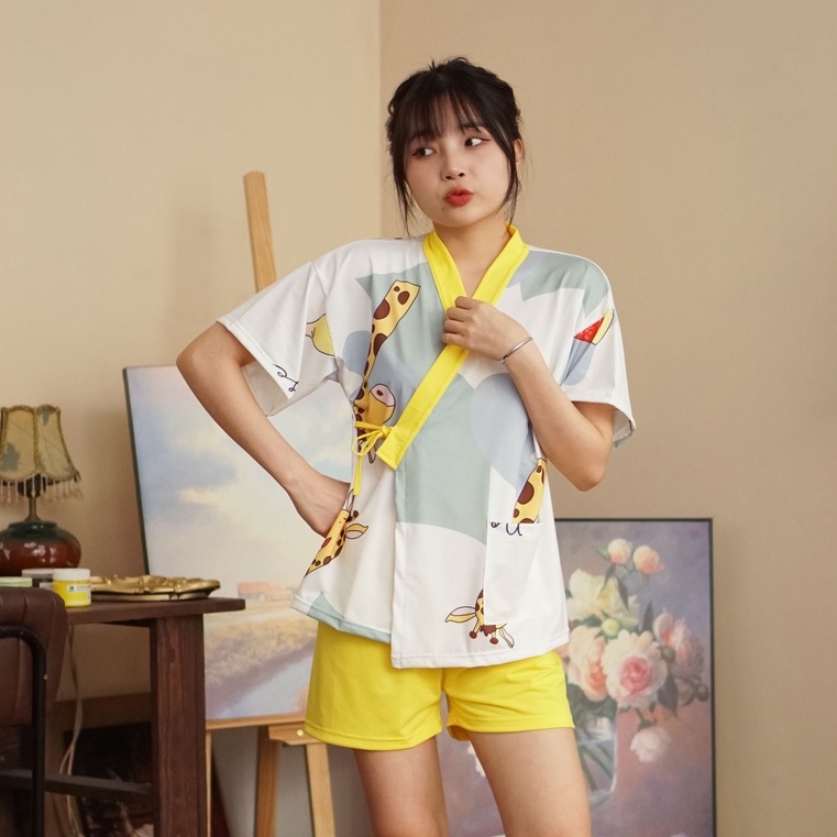 Đồ bộ nữ, bộ đồ ngủ kimono pijama cộc tay mặc nhà chất liệu cotton kiểu Nhật - Poohouse KIMONO-HUOUCAOCO