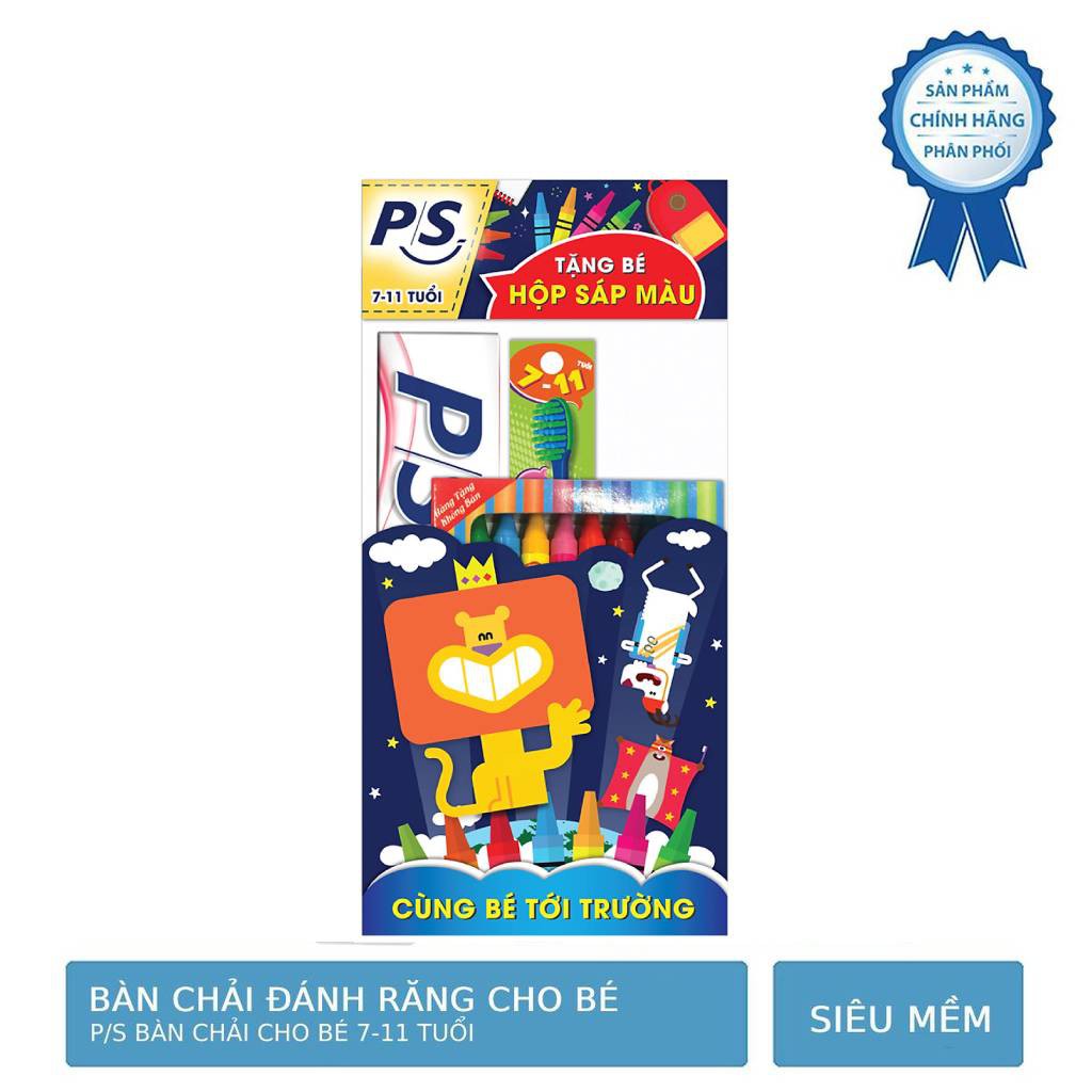 Bàn Chải Đánh Răng P/S Cho Bé 7-12 Tuổi Lông Tơ Siêu Mềm + Tặng Hộp Bút Sáp Màu