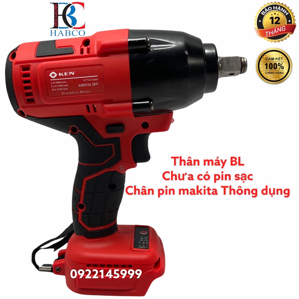 Thân Máy siết Bulong không chổi THÂN KEN .Lực Siết 650Nm , Đầu đặc 1/2 , chân pin Makita phổ thông