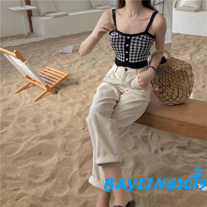 Áo lửng dệt kim hai dây mảnh không tay họa tiết sọc caro cổ điển thời trang cho nữ