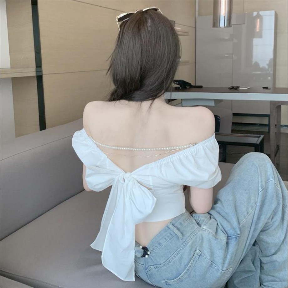 Áo Croptop Ngắn Tay Thời Trang Hè Cho Nữ và dây chuyền ngọc trai