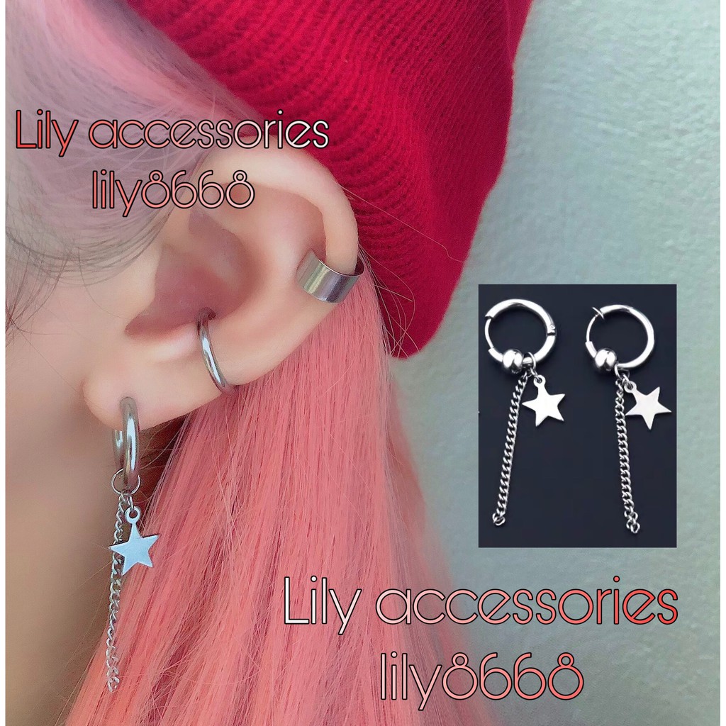 Star Earring khuyên tai titan ngôi sao phối dây xích không gỉ không đen không dị ứng nam nữ Unisex