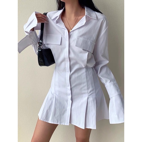 Đầm sơ mi tay dài đắp túi CAO CẤP phong cách công sở ( sẵn trắng size S M )
