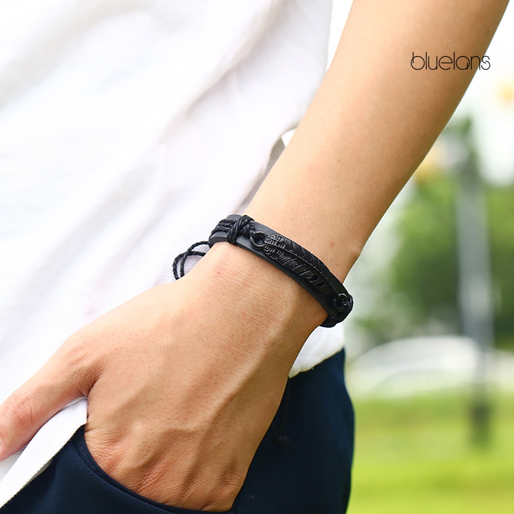 Vòng Tay Bện Dây Giả Da Với Mặt Hình Lông Vũ Có Thể Điều Chỉnh Kích Cỡ