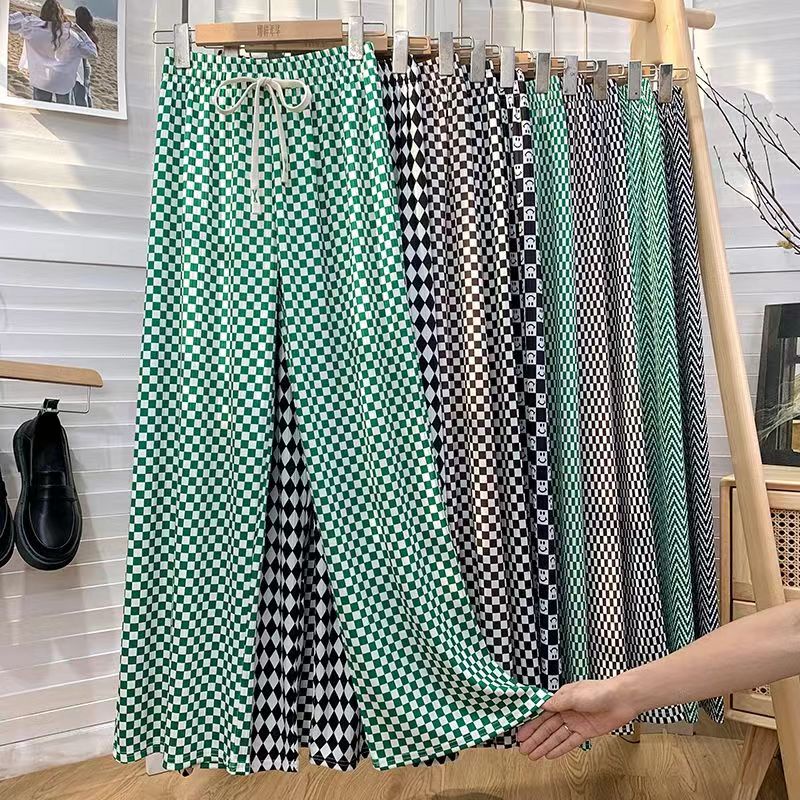(≤70kg) quần ống rộng nữ in xếp li, kẻ caro lưng cao dây rút, xếp nếp rời, cạp chun thẳng, quần dài thường