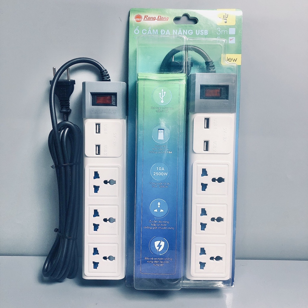 Ổ Cắm Điện Đa Năng Rạng Đông 2 Cổng USB 5V-2A, Ổ Điện Chịu Tải 2500W, công tắc kết hợp rơ le, Bảo hành 12 tháng