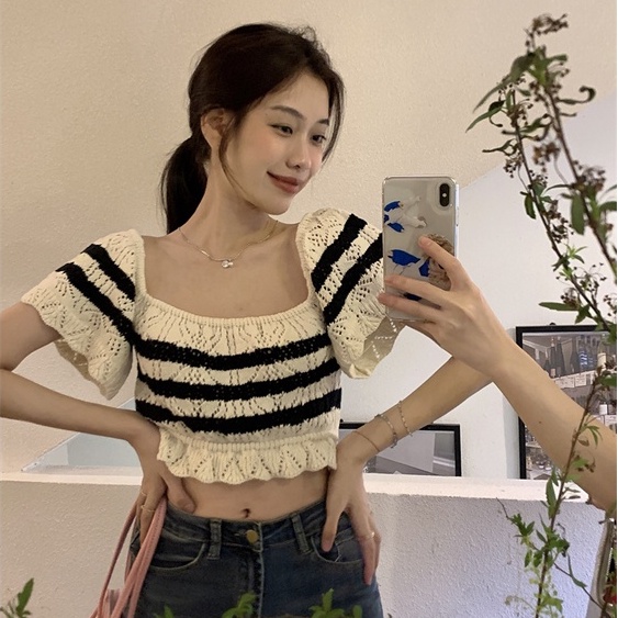 Áo Dệt Kim Ngắn Tay Họa Tiết Kẻ Sọc Thời Trang Hàn Quốc Cho Nữ