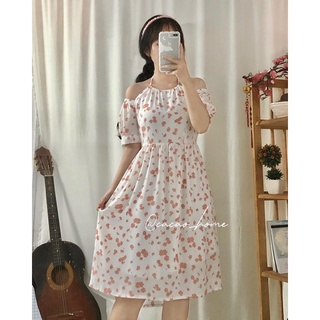 [ẢNH THẬT] Đầm voan cổ yếm trễ vai hoa nhí có lớp lót bên trong tặng kèm cột tóc vải cùng màu xinh xắn