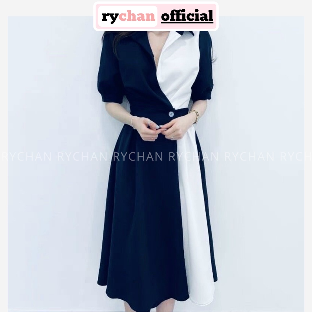 Đầm Nữ Đi Chơi Form Dài Xòe Phối Trắng Cổ Sơ Mi Thắt Eo, Đầm Nữ Dự Tiệc Cực Sang Màu Đen Kem [ẢNH THẬT CUỐI] - DX9858