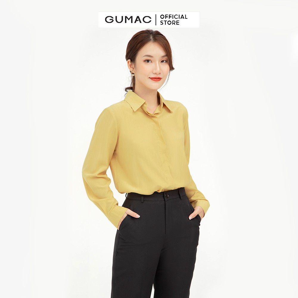 Áo sơ mi nữ công sở GUMAC, from cơ bản màu vàng tay dài AB535