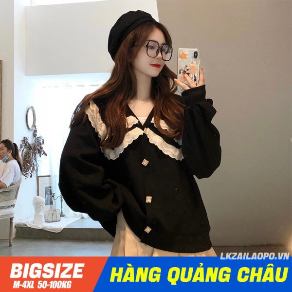 Áo nỉ nữ Bigsize form rộng cổ bèo tay dài mùa thu Phong cách Hàn Quốc cute Thời Trang cá tính cho người mập béo 45-100kg