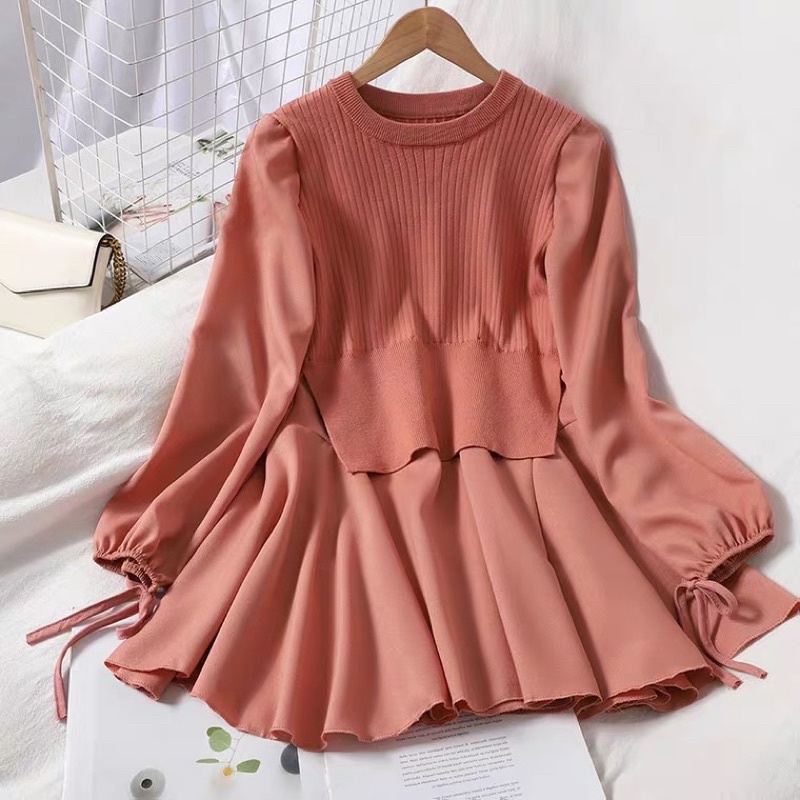 Đầm dáng xoè phối len liền thân