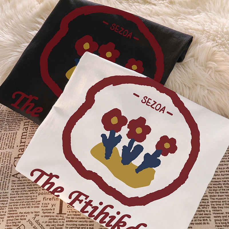 Áo thun Xiaozhainv ngắn tay cổ tròn dáng rộng in họa tiết cá tính cho nữ