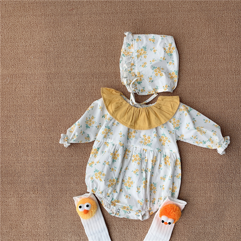 Set Áo Liền Quần Dài Tay Họa Tiết In Hoa + Mũ Đội Đầu Cho Bé Gái