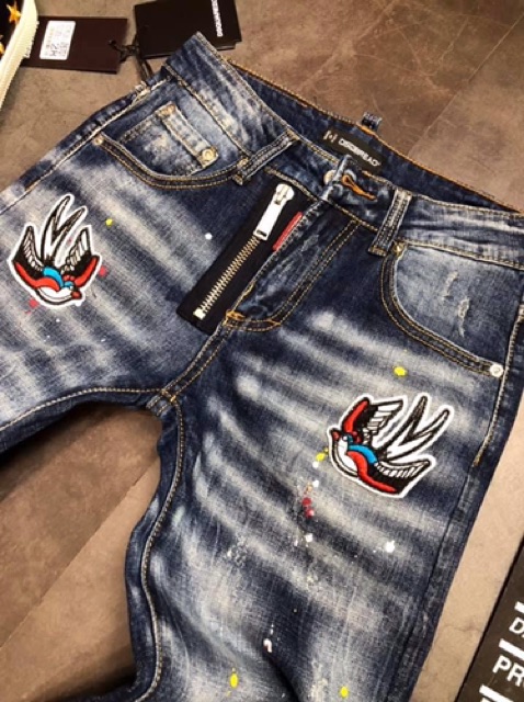 Quần bò nam xanh dsq thêu cánh én khoá lệch ống côn hàng SPF. | BigBuy360 - bigbuy360.vn